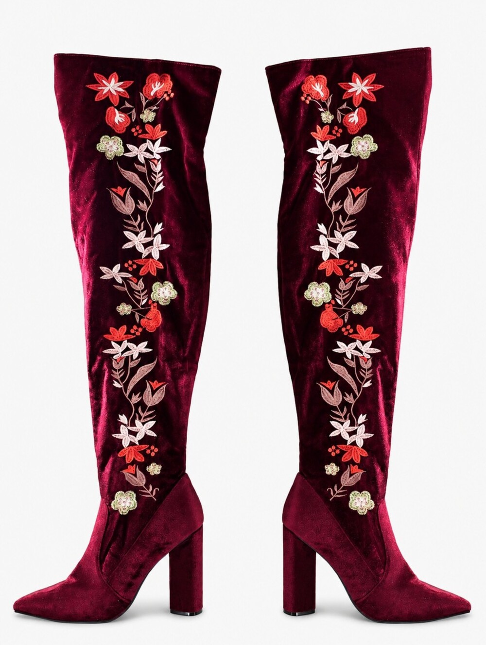 QUPID | Burgundy Velvet Embroidered Thigh High Boots Floral Block Heel Statement - Picture 2 of 6